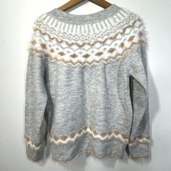 FATE Stitch Fix Wool Blend Sweater Womens S Fuzzy Knit Grey Fair Isle - Picture 2 of 9